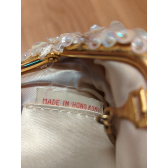 Clutch Evening Bag White Bead Sequin Vintage Wire Strap Hong Kong - Picture 9 of 10